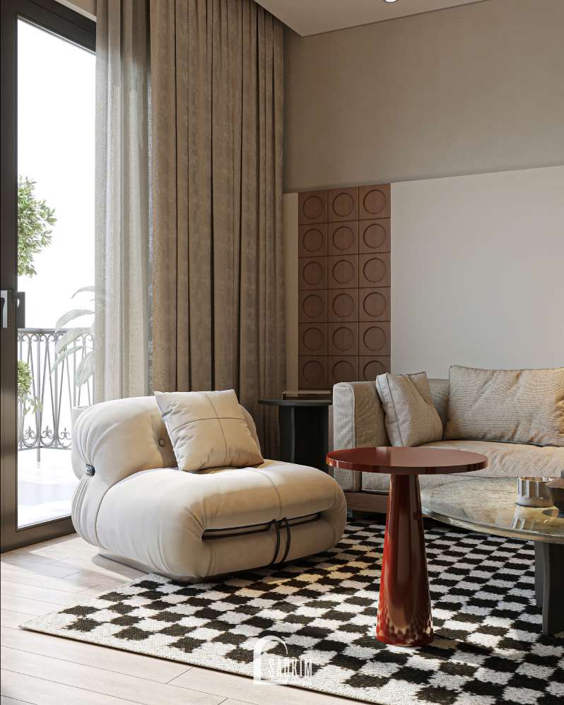 Thiết kế không gian nội thất phòng khách phong cách Modern Eclectic & Mid-Century tại dự án Liền kề Lộc Ninh Singashine
